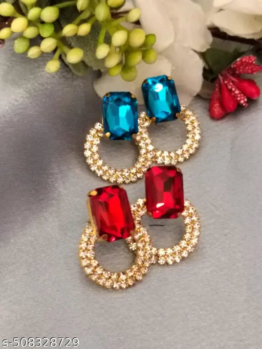 Combo of Goldplated Partywear Seablue and Red Colored Stud Earrings