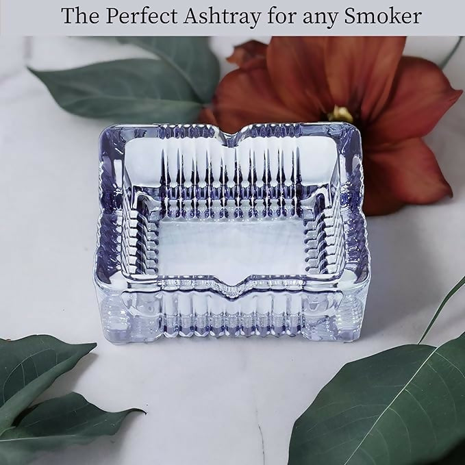 Premium Heavy Duty Crystal Glass Ashtray for Home, Office, or Outdoor Use – Classic Square Design with Deep Grooves and Elegant Cut Pattern – Ideal Gift for Smokers, Bars, and Lounge Decor