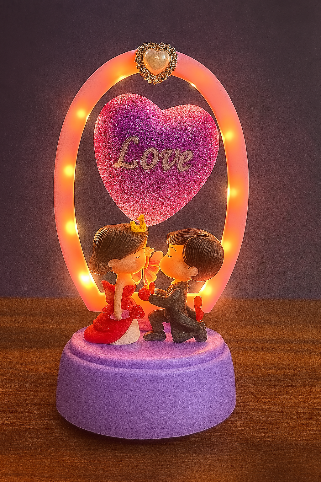 Romantic LED Love Balloon Couple Figurine Showpiece – Purple Heart with Lights, Proposal Scene Night Lamp for Valentine's Day, Anniversary, Birthday & Room Table Decor (Battery Operated – Purple Base)