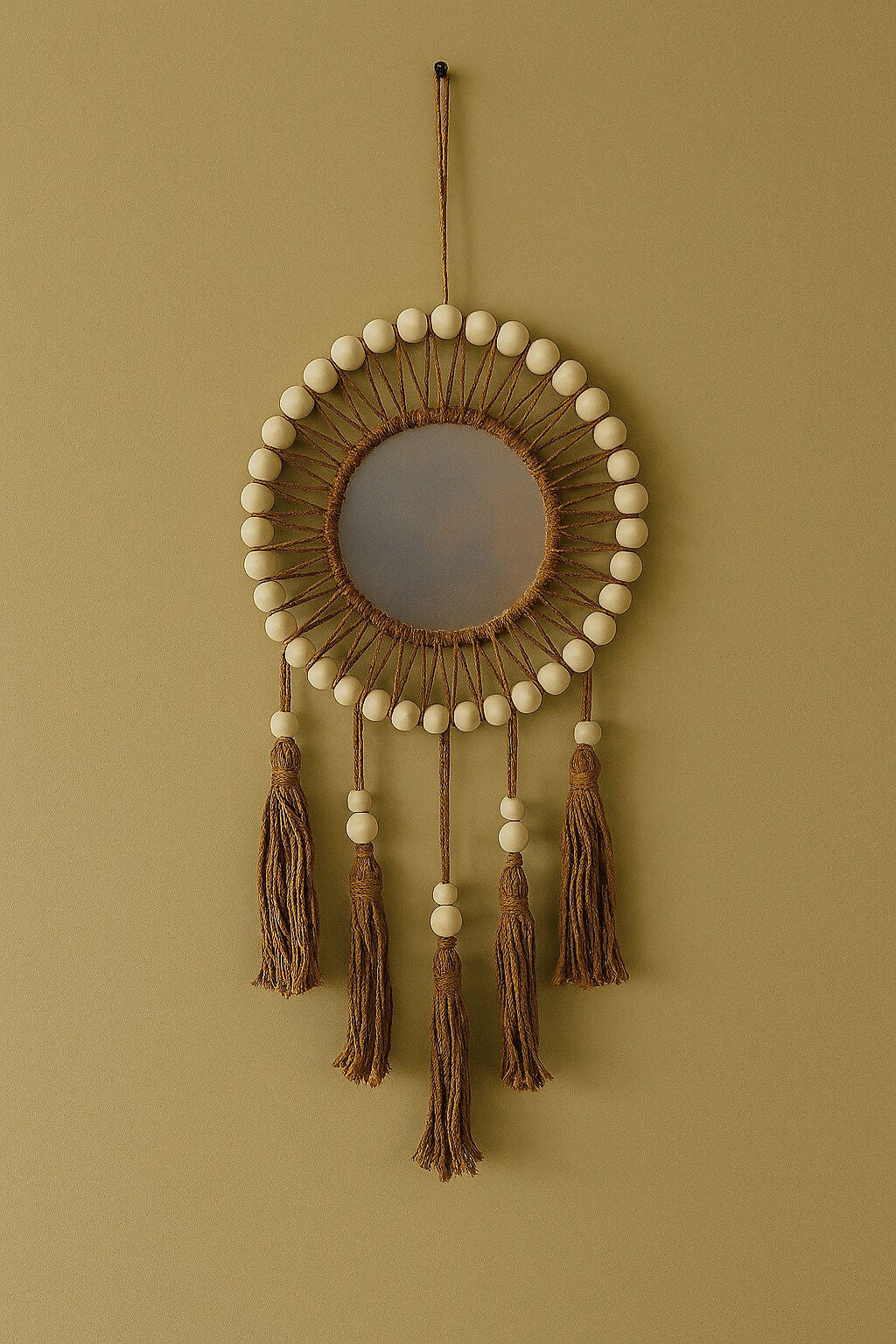 Handcrafted Bohemian Round Wall Mirror with Wooden Beads and Cotton Tassels – Rustic Macrame-Inspired Wall Hanging Mirror for Living Room, Bedroom, Entryway, or Gallery Décor
