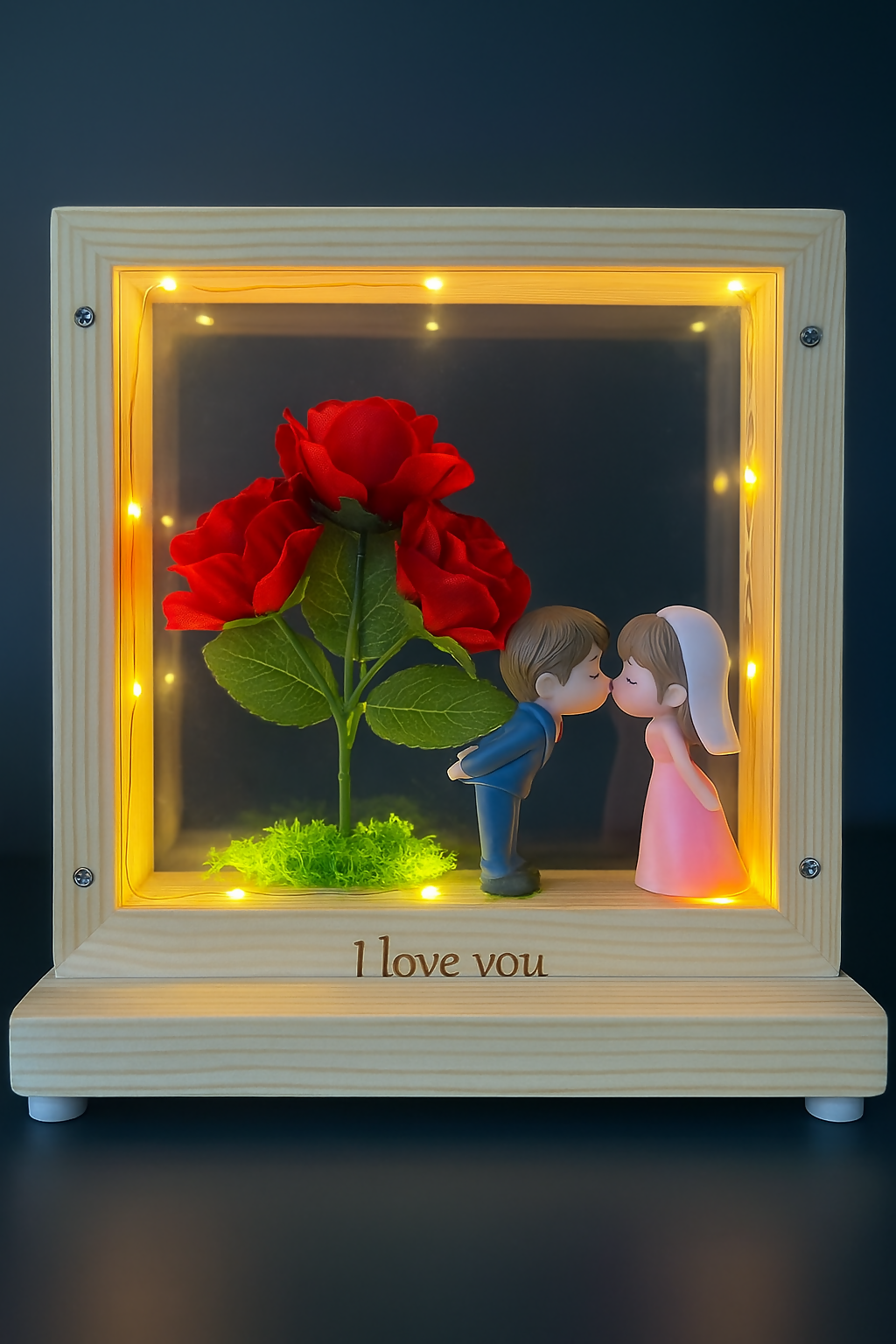 Wooden Shadow Box with LED Lights, Artificial Roses & Adorable Love Couple Miniatures – Romantic Home Decor Gift for Girlfriend, Wife, or Wedding Anniversary