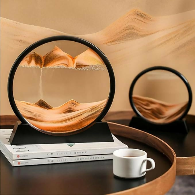 Sand Art Frame – Large Round Dynamic Sandscape in Black Frame – Desktop Home Office Relaxation Decor with Mesmerizing Flowing Sand – Calming Zen Gift for Adults & Kids