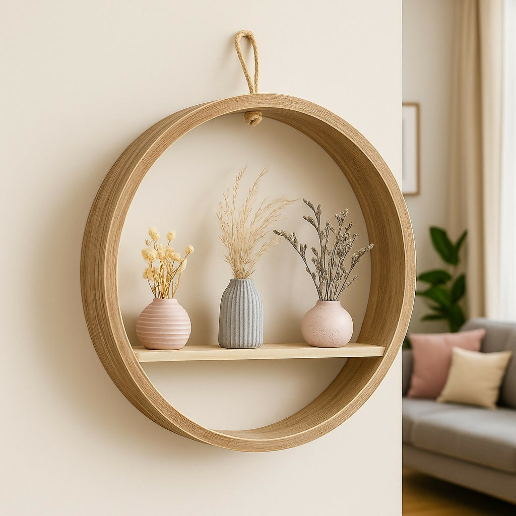 Round Wooden Wall Shelf with 3 Mini Ceramic Flower Vases – Modern Hanging Decorative Frame with Dried Flowers – Boho Rustic Wall Art for Living Room, Bedroom, and Home Decor