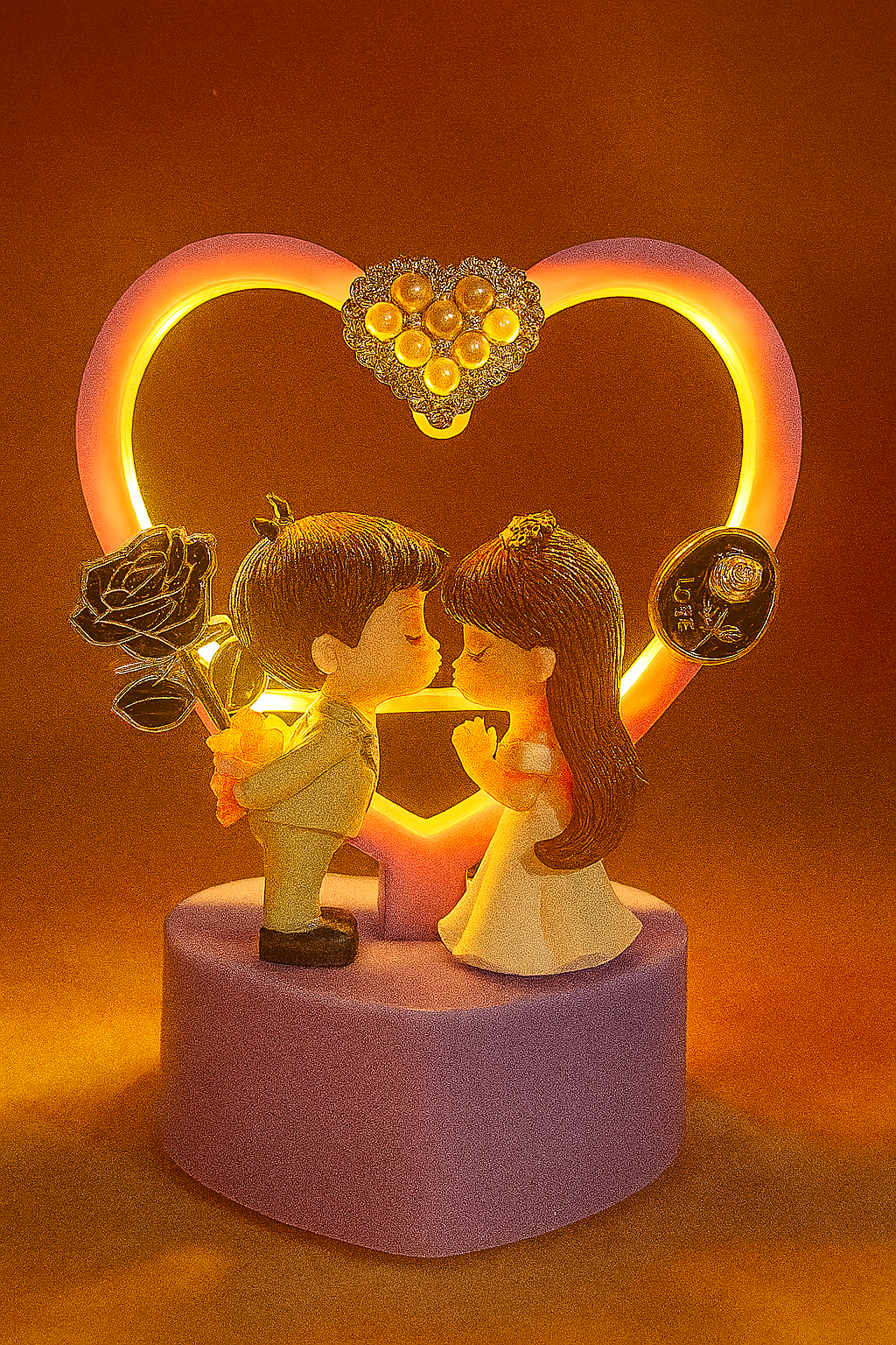 Romantic Lavender LED Couple Showpiece with Heart Frame & Pearl Charms | Battery Operated Love Figurine Night Lamp | Wedding Anniversary Valentine Gift Home Decor