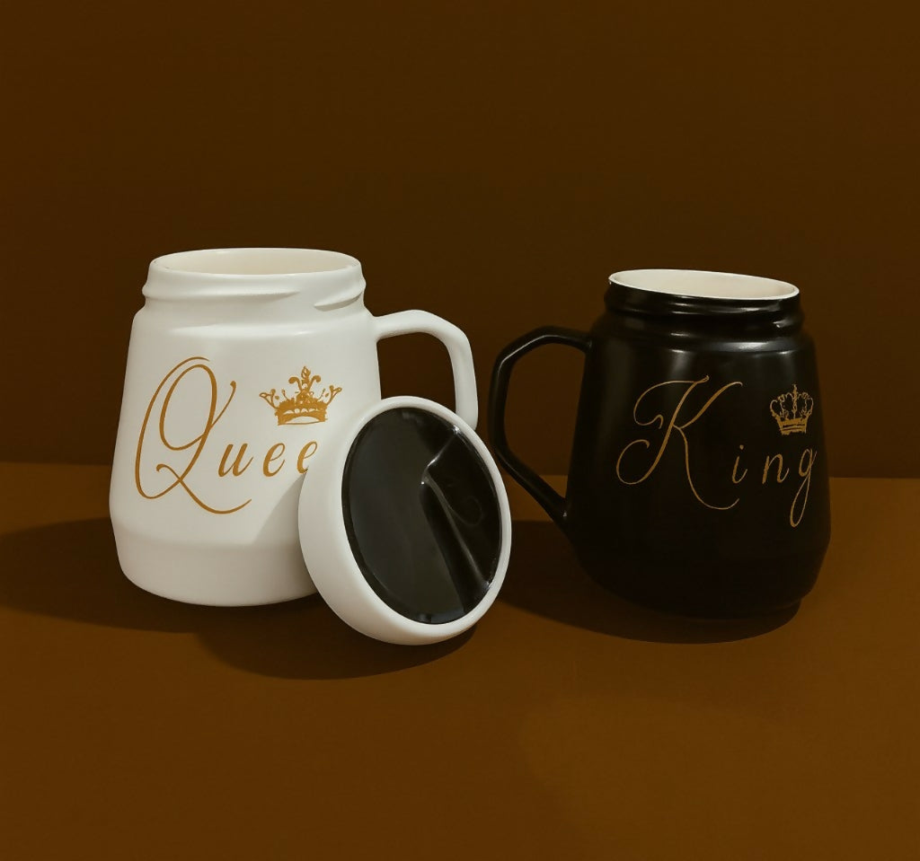 King and Queen Ceramic Mug Set with Golden Crown Print – Black and White Couple Coffee Mugs in Gift Box by Fishon Ceramics – Elegant Tea Cups for Wedding, Anniversary, Valentine’s Day