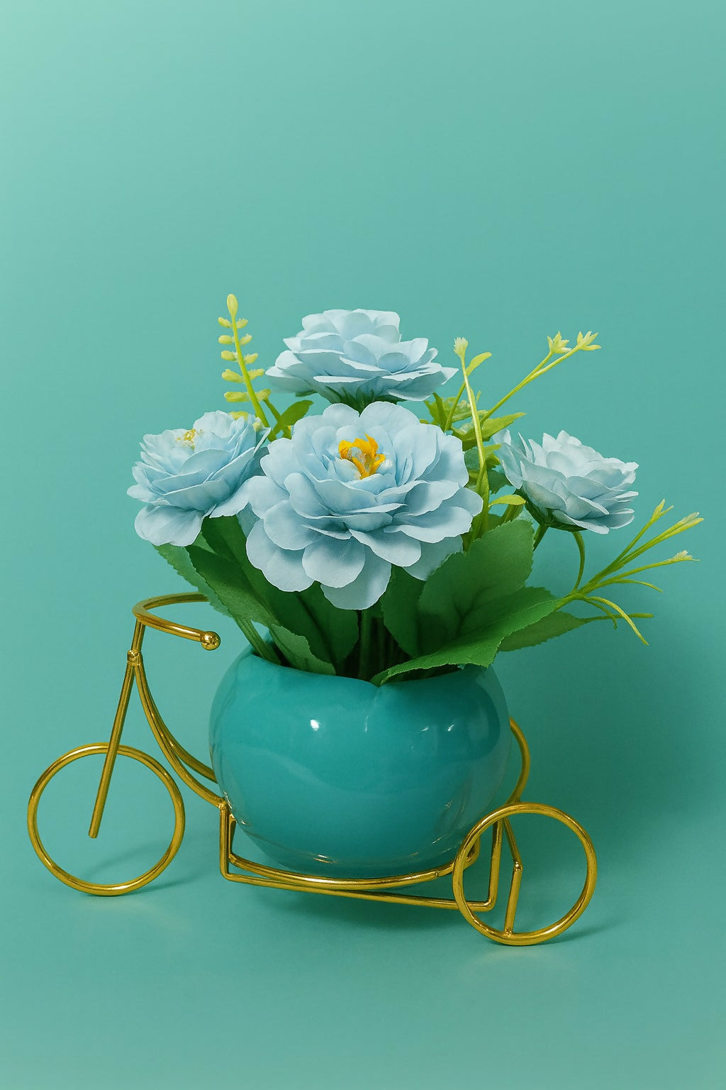 Artificial Blue Rose Flower Arrangement in Glossy Teal Ceramic Pot with Golden Bicycle Stand – Elegant Decorative Table Centerpiece for Home, Office, and Gifting