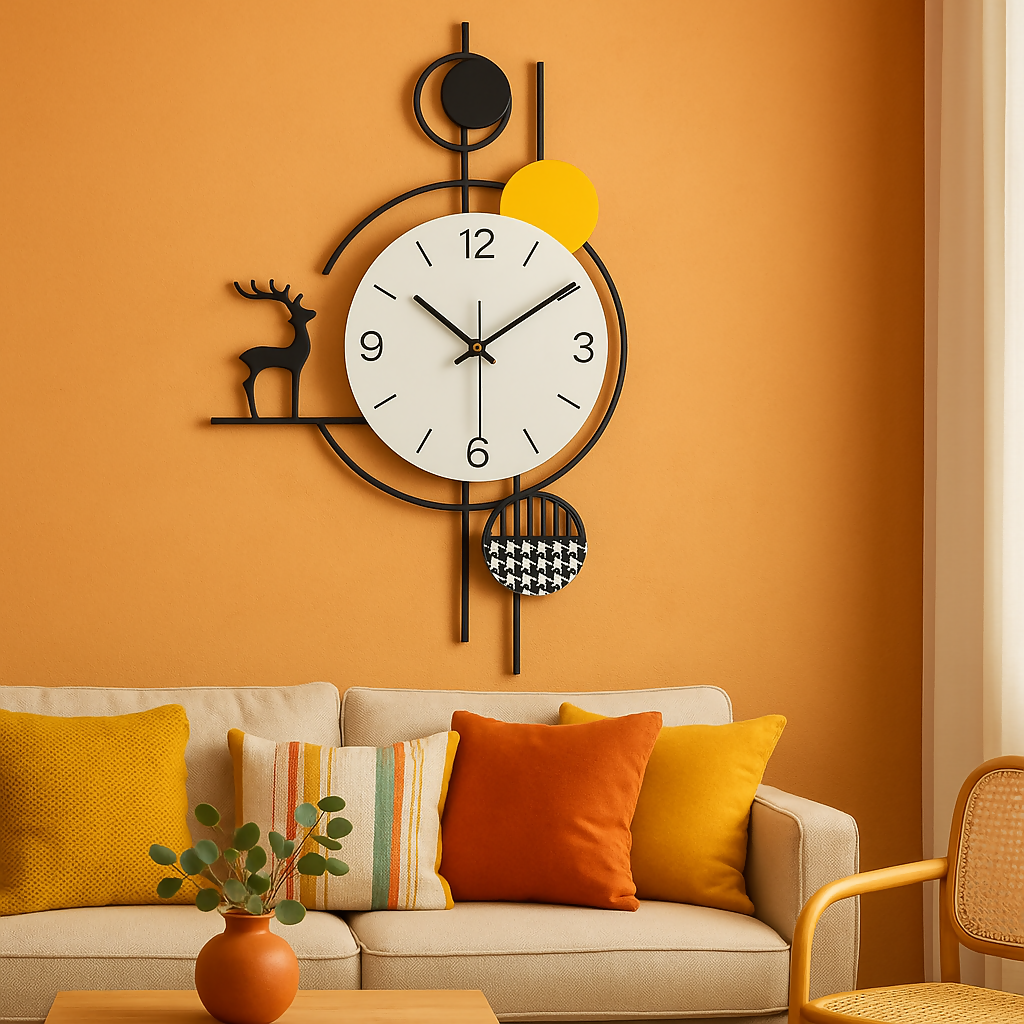 Modern Abstract Deer-Themed Metal Wall Clock with Geometric Art Elements – Silent Non-Ticking Designer Clock for Living Room, Bedroom, or Office – Multicolor Décor in Black, Yellow, White & Houndstooth Pattern