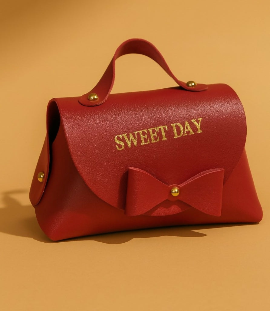 Cute Red Faux Leather Handbag with Bow Design | Mini Gift Pouch Purse for Women, Girls, Party Return Gift, Candy or Jewelry Storage – "Sweet" Print