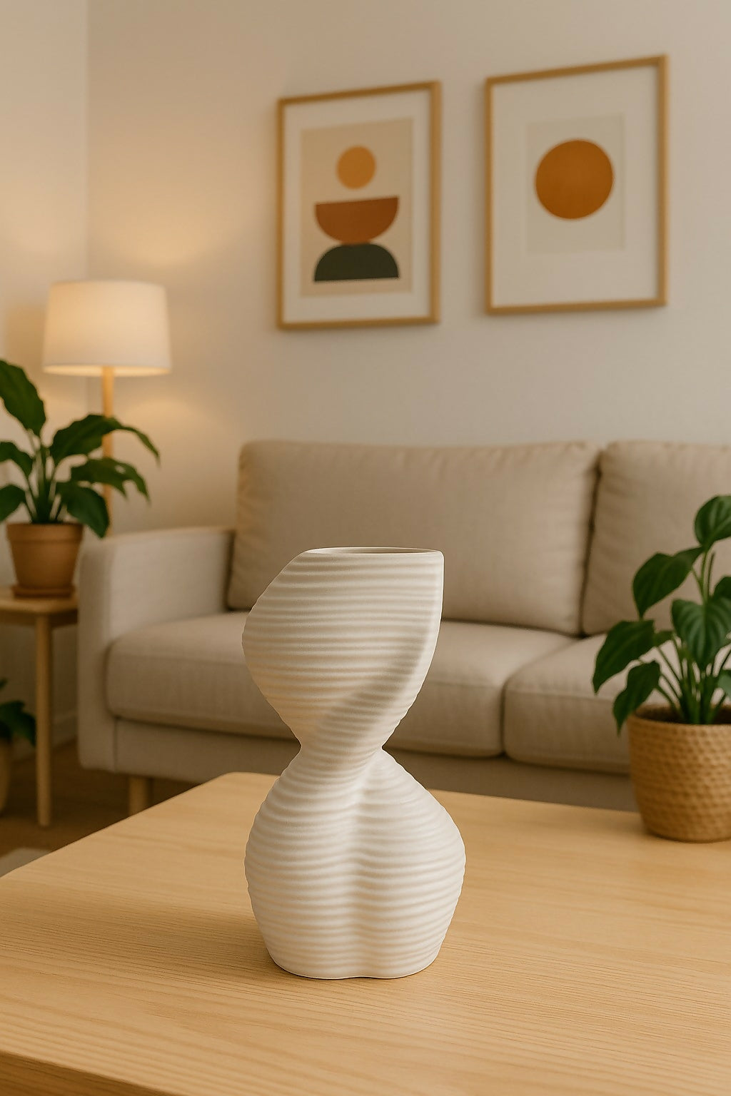 HOME DECOR Modern White Twisted Ceramic Vase for Home Decor – Ribbed Hourglass Design Decorative Pot for Center Table, Living Room, Shelf Styling, Minimalist Boho Interior Accent