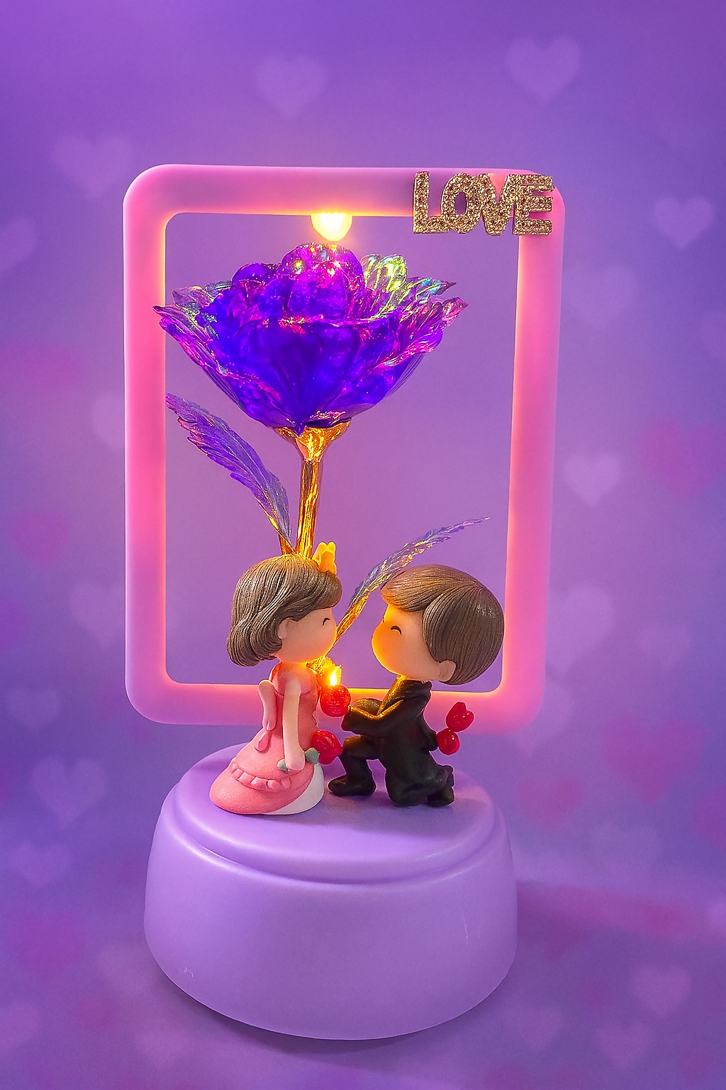 Deluxe Romantic Night Light with Figurine Couple, Iridescent Rose & Sparkling "LOVE" Inscription – Soft Lavender & Pastel Home Decor Accent with Warm Ambient Lighting for Bedroom, Living Room, or Wedding Gifts