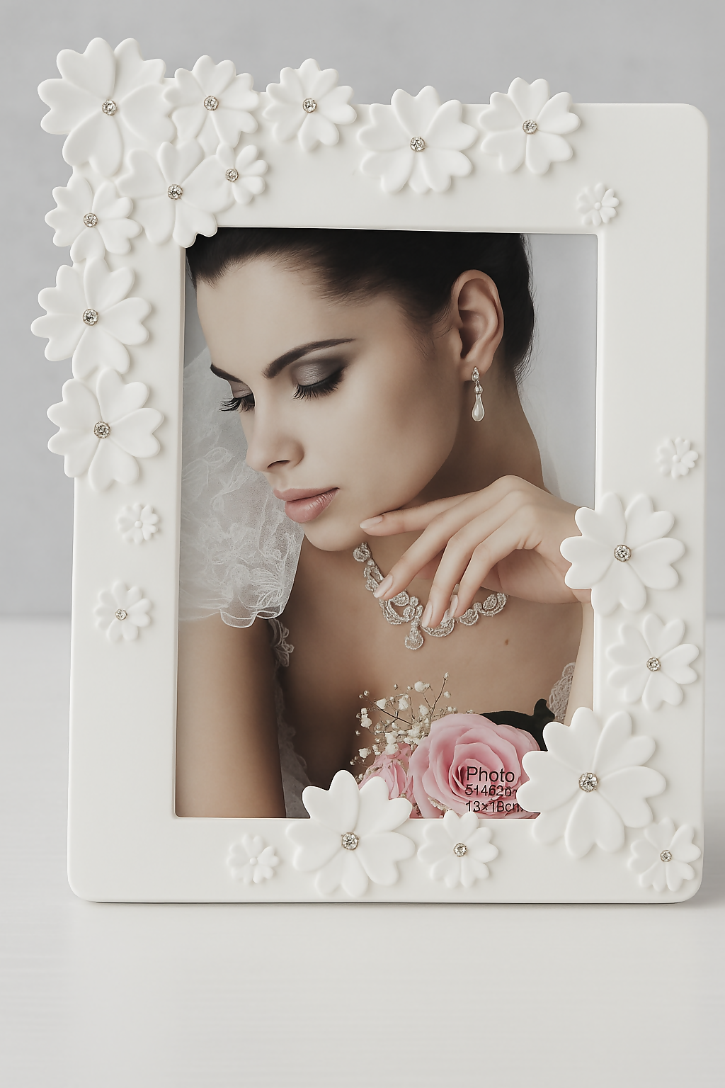 Elegant White Double Photo Frame with 3D Floral Embellishments and Crystal Accents – Romantic Twin Picture Holder for Wedding, Anniversary, or Bedroom Décor