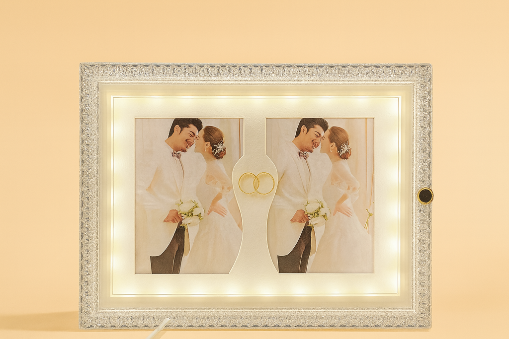 Crystal LED Wedding Photo Frame with Double Photo Slots & Golden Ring Symbol | Sparkling Diamond Border Light-Up Frame for Couple Portraits | Anniversary, Engagement & Romantic Gift Home Décor