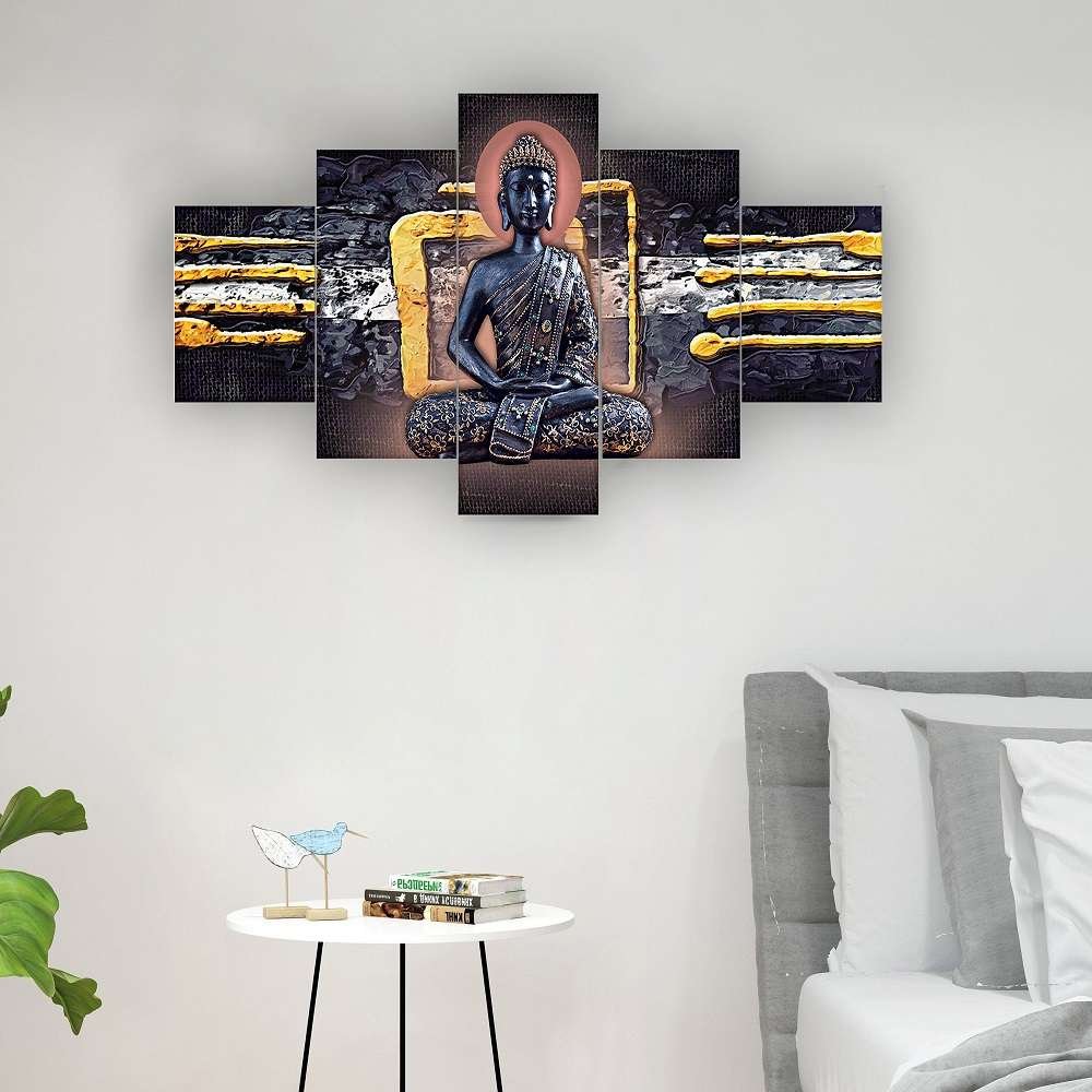 Buddha Set of Five 3D Framed Paintings for Wall Decoration – Ideal for Home, Living Room, and Bedroom (125 x 60 CM)