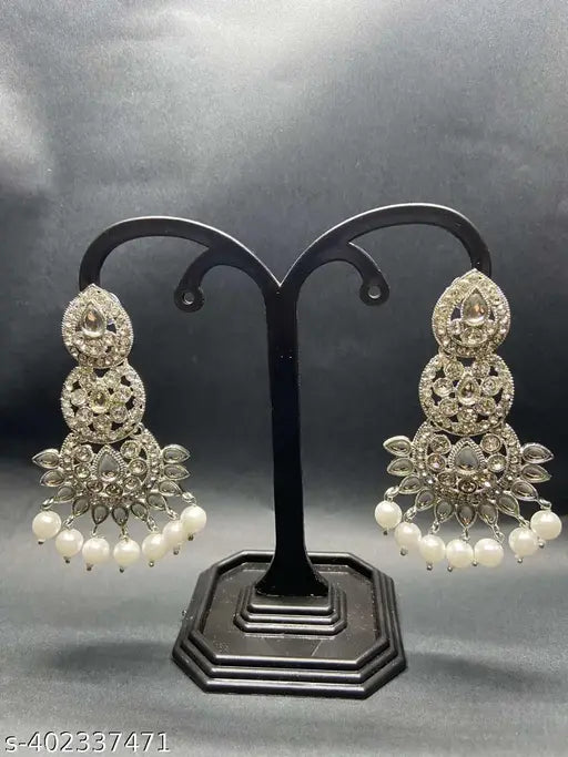 Silver Plated Long Diamond and Pearl Earrings