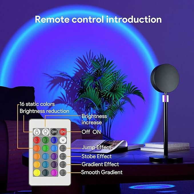 Sunset Projection Lamp with Remote – 16 Color LED Atmosphere Light for Aesthetic Room Décor, Photography, Parties & Ambience – Adjustable Stand, Rotating Head & Multi-Mode Effects