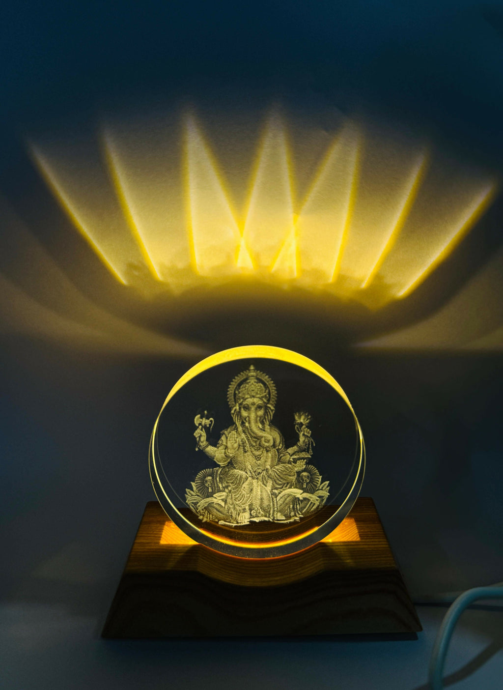Lord Ganesha Sitting 3D Acrylic LED Night Lamp with Wooden Base – USB Powered Warm Light Spiritual Table Decor | Laser Engraved Crystal Lamp for Pooja Room, Office & Festive Gifting