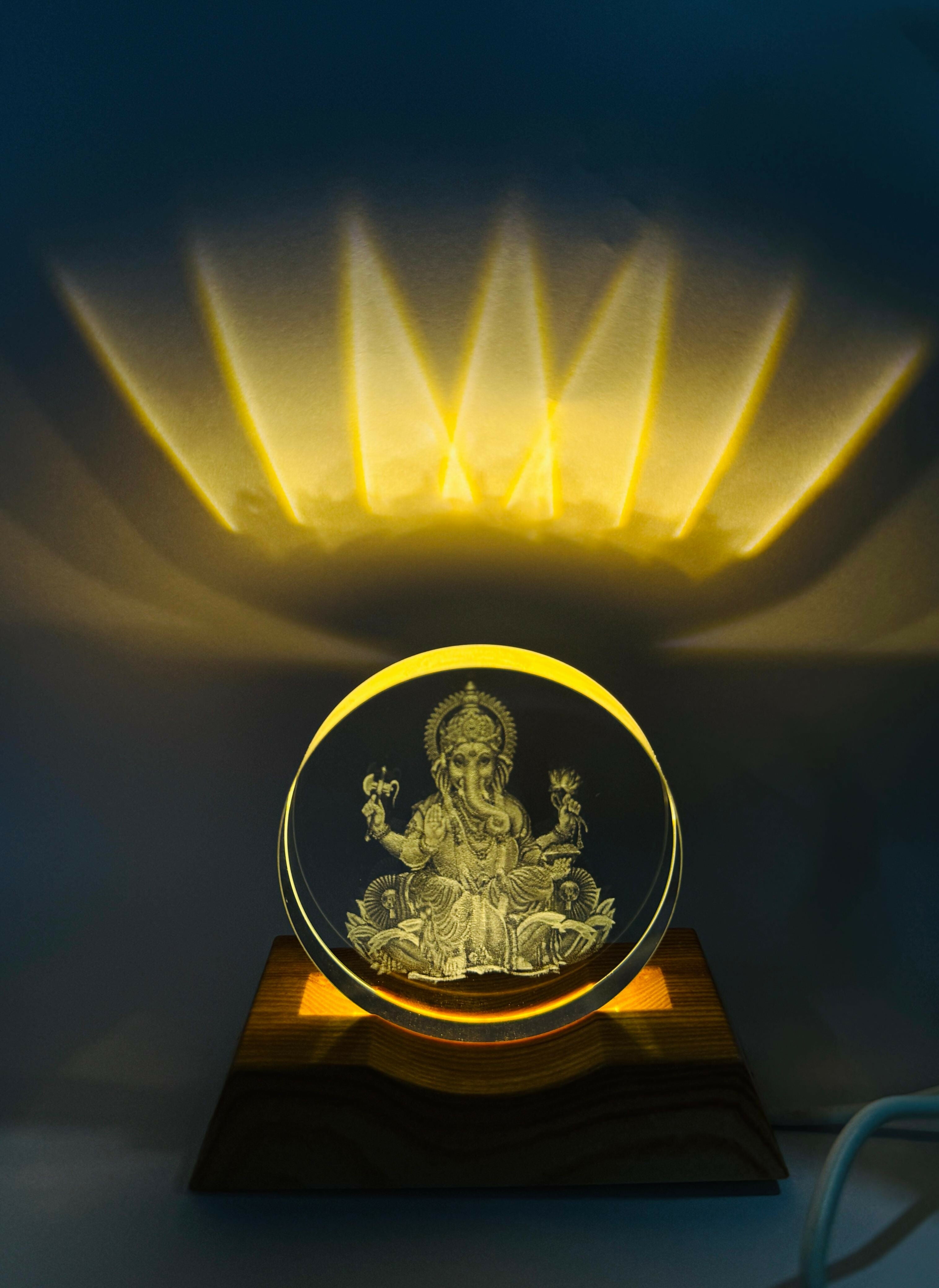 Lord Ganesha Sitting 3D Acrylic LED Night Lamp with Wooden Base – USB Powered Warm Light Spiritual Table Decor | Laser Engraved Crystal Lamp for Pooja Room, Office & Festive Gifting