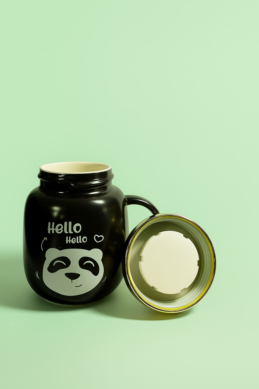 Hello Panda Black Ceramic Coffee Mug with Golden Smiley Lid
