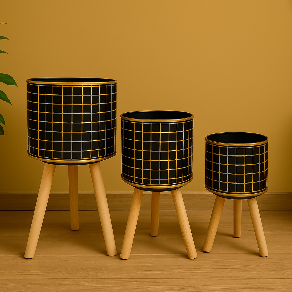 HOME DECOR Set of 3 Modern Black & Gold Grid Planters with Wooden Stands – Decorative Metal Plant Pots