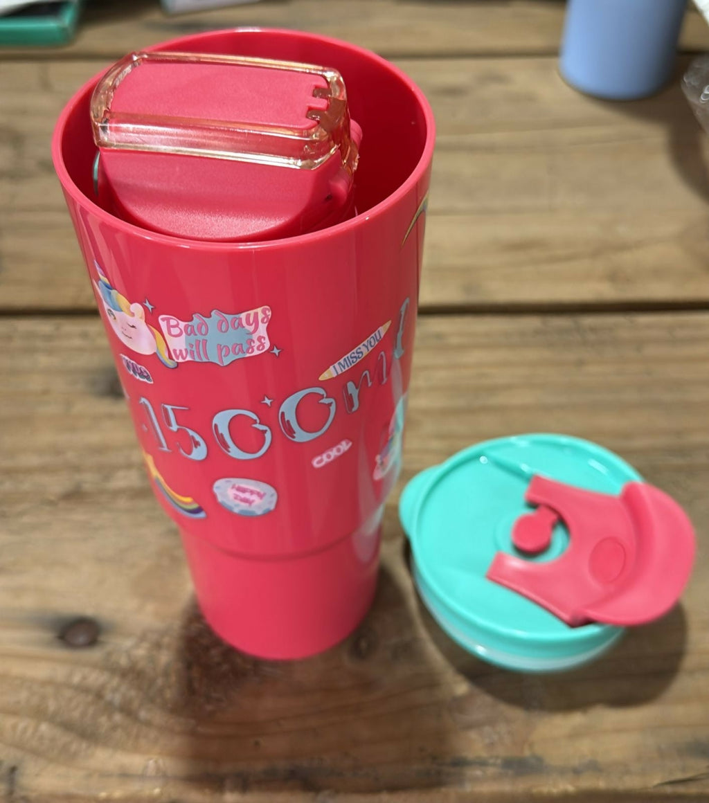 Set of 3 Cute Cartoon Water Bottles for Kids – Leak-Proof Plastic Sipper & Tumbler Bottles with Flip Lid and Unicorn Prints (1500ml, 800ml, 500ml)