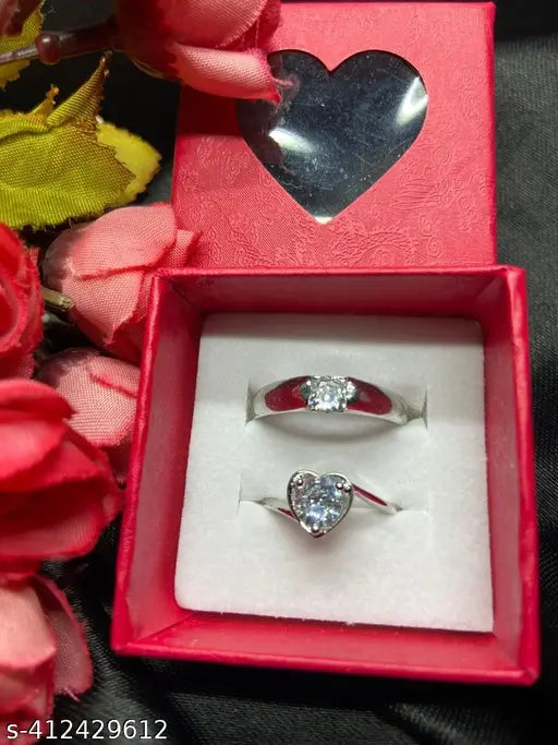 Silver Plated Adjustable Couple Finger Ring for Men/Women/Lovers (Pack of 2)