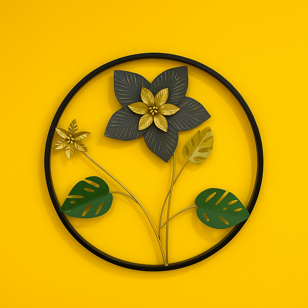 HOME DECOR Black Frame Wall Hanging with Green & Gold Flowers and Leaves