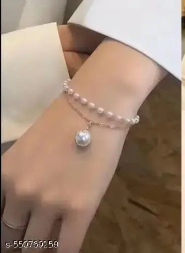 Goldplated Double Layered Adjustable Bracelet With Pearls