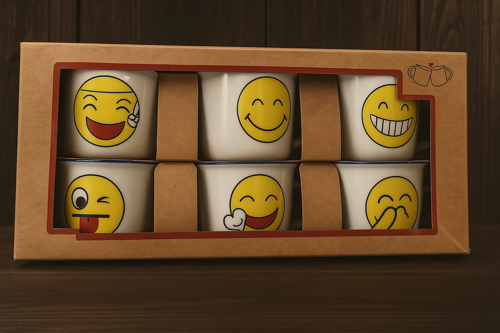 Set of 6 Ceramic Emoji Face Coffee Mugs – Cute and Funny Expression Printed Cups in Gift Box Packaging – Ideal for Tea, Milk, Cocoa, Office, Home or Gifting Use