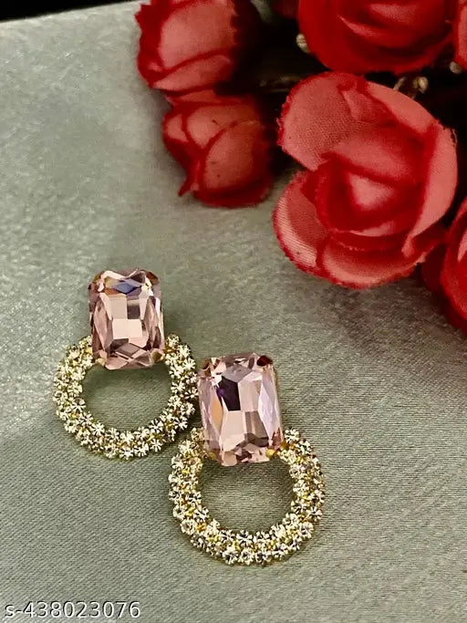 Partywear trending ear studs with Diamond And Red Coloured Stone