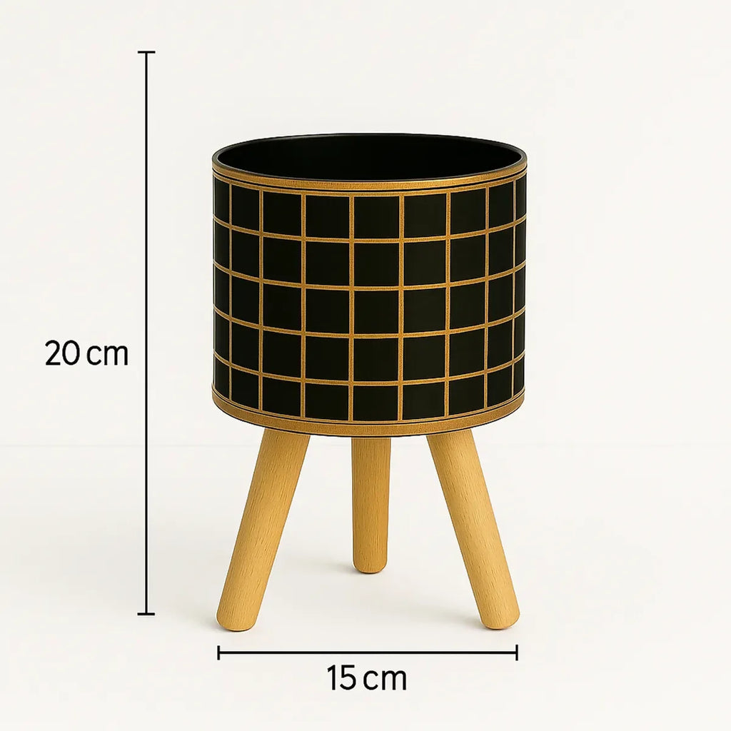 HOME DECOR Set of 3 Modern Black & Gold Grid Planters with Wooden Stands – Decorative Metal Plant Pots