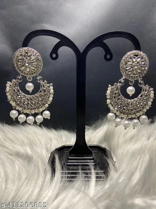 Silver Plated Kundan Stones Long Earrings For Women and Girls