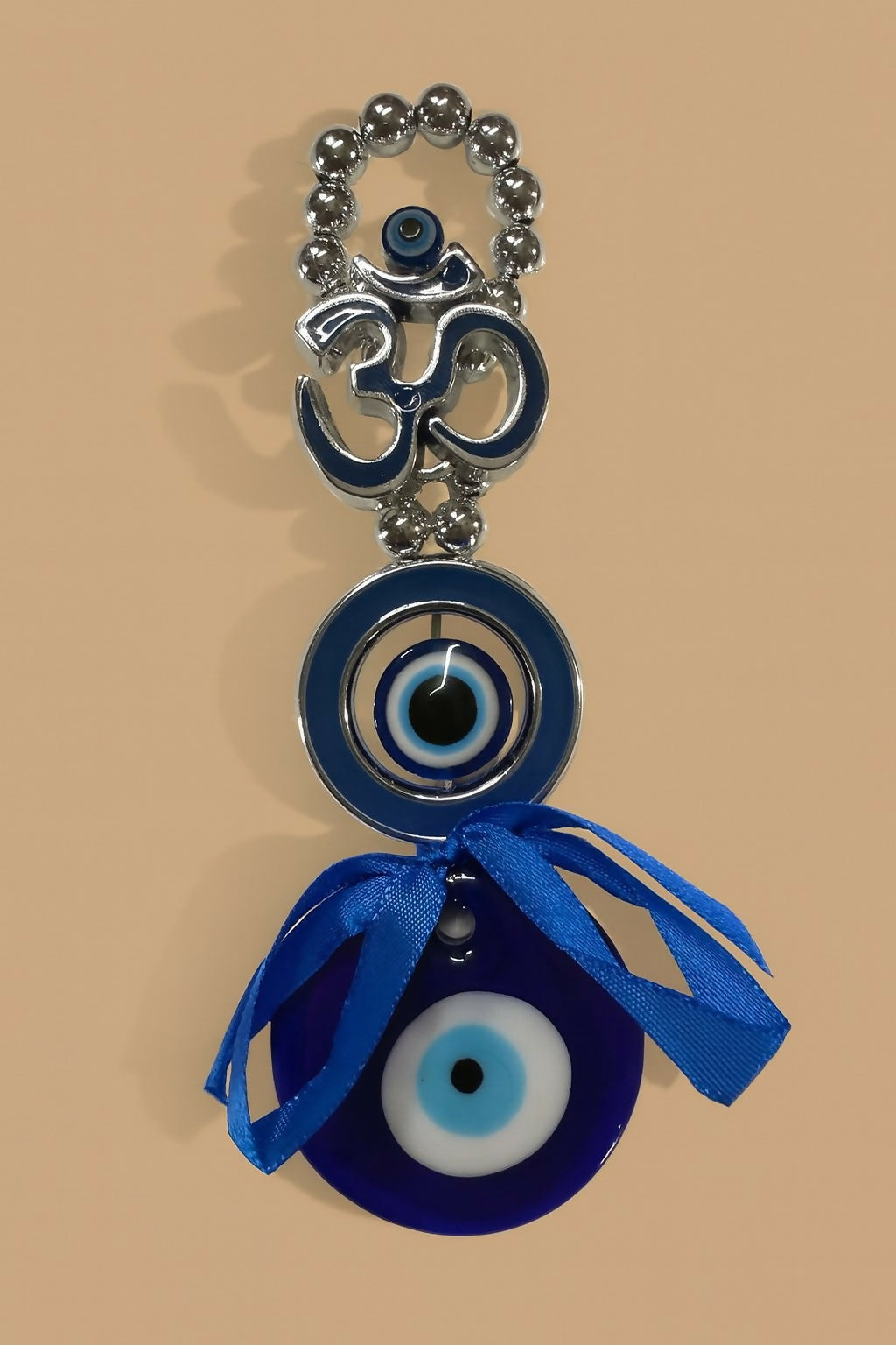 Om Evil Eye Wall Hanging with Blue Ribbon | Spiritual Protection & Positive Energy Decor for Home, Car & Office
