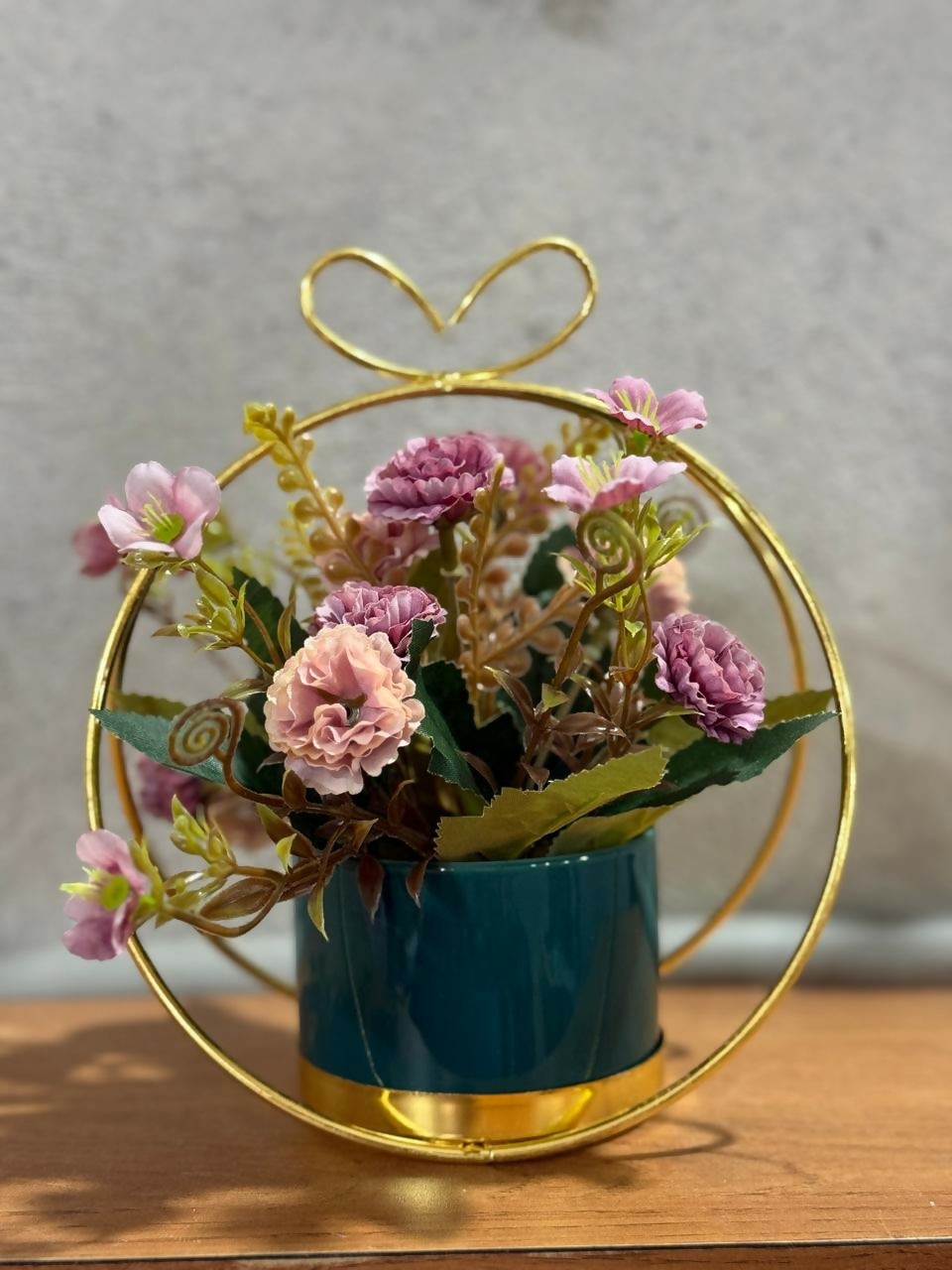 Artificial Flower Pot with Golden Metal Frame & Ceramic Planter | Decorative Pink & Purple Faux Floral Arrangement for Home, Office, Bedroom & Living Room Décor | Elegant Gift for Housewarming, Anniversary & Festivals
