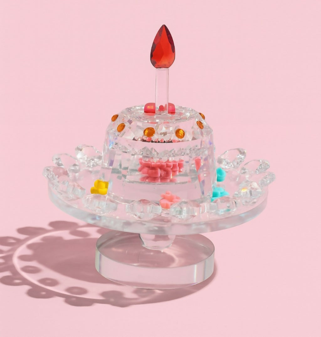 Crystal Birthday Cake Showpiece with Red Flame, Colorful Embellishments & Pedestal Base – Decorative Gift Item for Birthdays & Table Decor