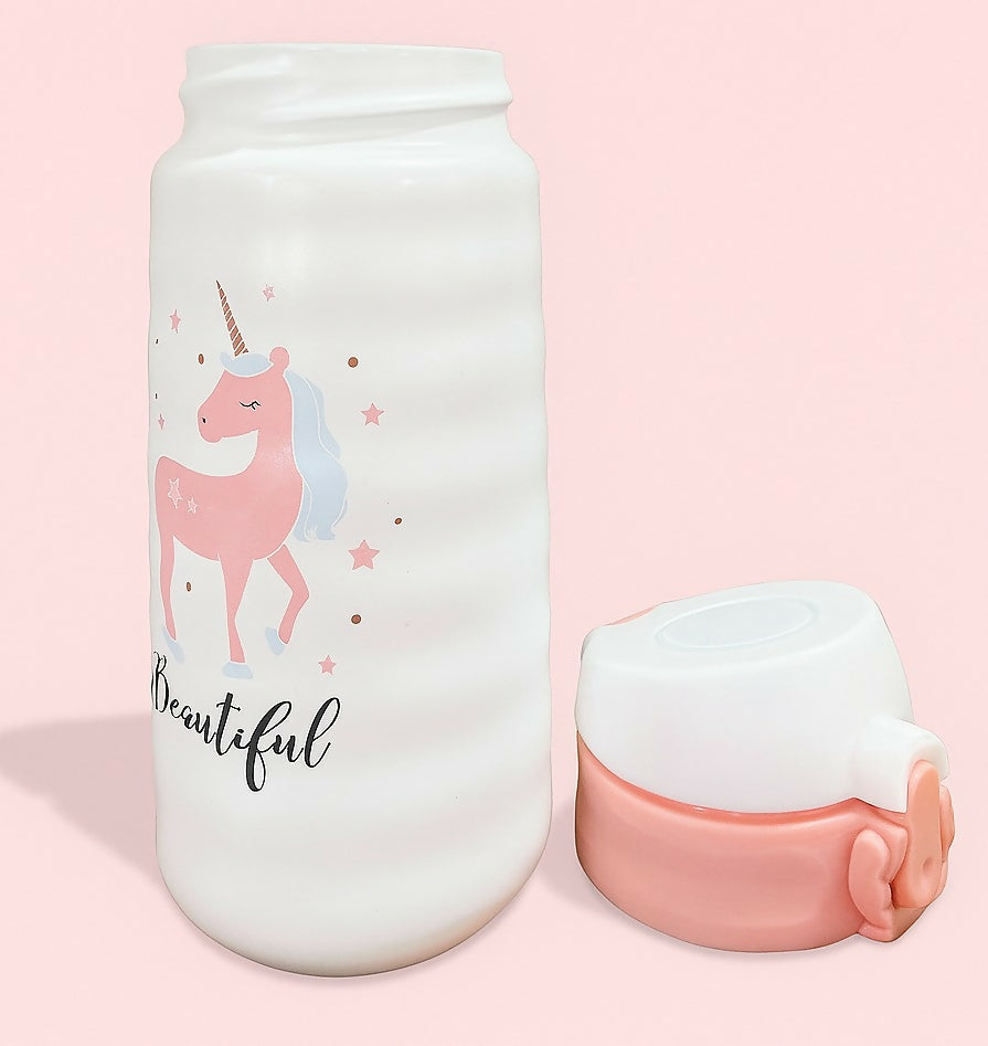 Pink & White Unicorn Water Bottle for Kids – 500ml BPA-Free Sipper Bottle with Flip Lock Lid and Cute "Beautiful" Unicorn Print (Leak-Proof & Reusable)