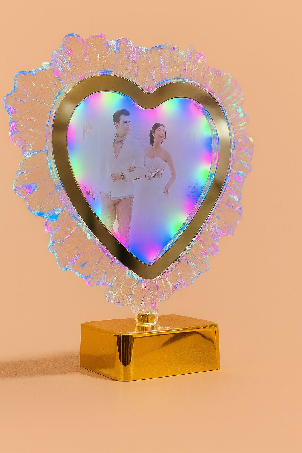 Romantic LED Crystal Heart Photo Frame with Golden Base | Personalized Wedding Anniversary Gift for Couples, Birthday, Valentine’s Day, Home Décor Night Lamp