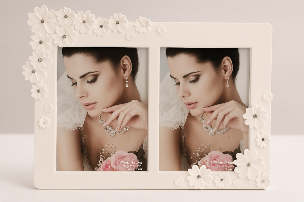 Elegant White Double Photo Frame with 3D Floral Embellishments and Crystal Accents – Romantic Twin Picture Holder for Wedding, Anniversary, or Bedroom Décor