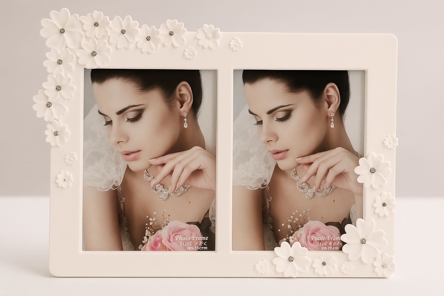 Elegant White Double Photo Frame with 3D Floral Embellishments and Crystal Accents – Romantic Twin Picture Holder for Wedding, Anniversary, or Bedroom Décor