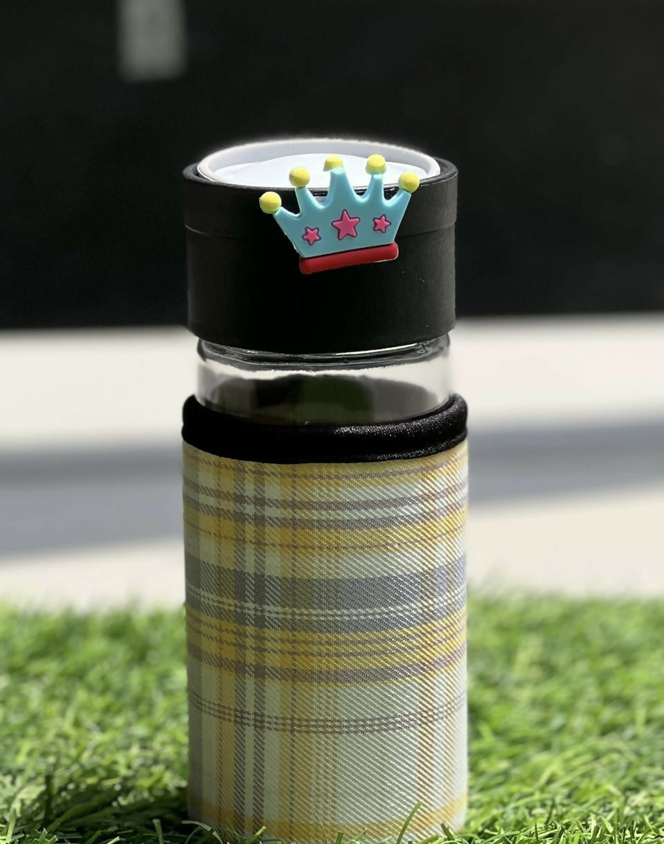 Glass Sipper Bottle with Cute Crown Cap and Stylish Soft Plaid Cover – Reusable, Eco-Safe Bottle for Daily Hydration at School, College, or Outdoors