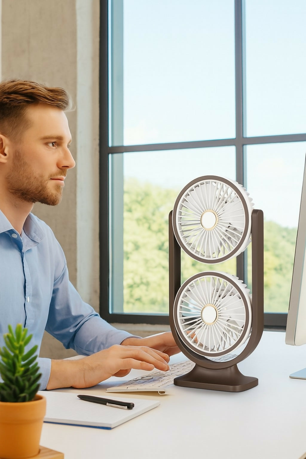 Double Ended Circulating Desk Fan – Dual Head Oscillating Table Fan with Powerful Airflow & Modern Design – USB Rechargeable Silent Fan for Home, Office, and Study Table – Brown & Beige Color Combo