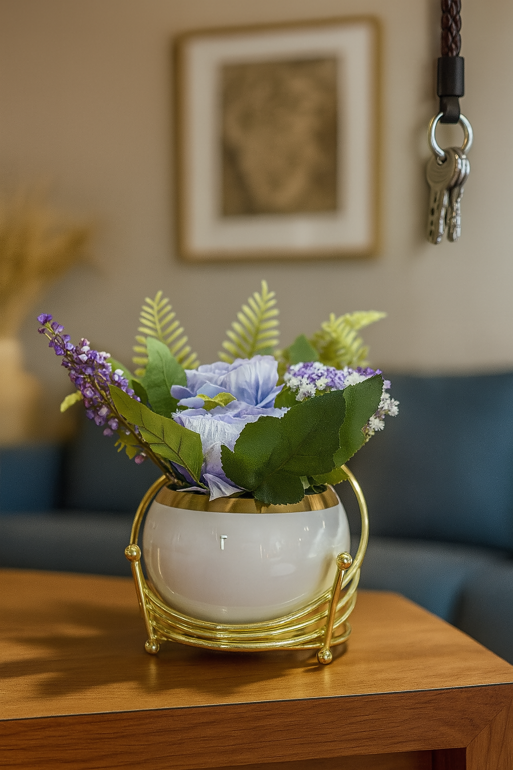 Luxury Artificial Blue & Purple Flower Arrangement in White Ceramic Pot with Spiral Golden Metal Stand – Decorative Faux Floral Centerpiece for Home, Office, Tabletop & Gifting