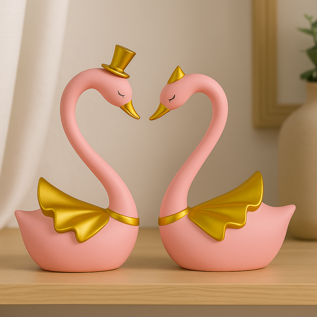 HOME DECOR Romantic Pink Swan Couple Showpiece – Decorative Love Birds Figurine