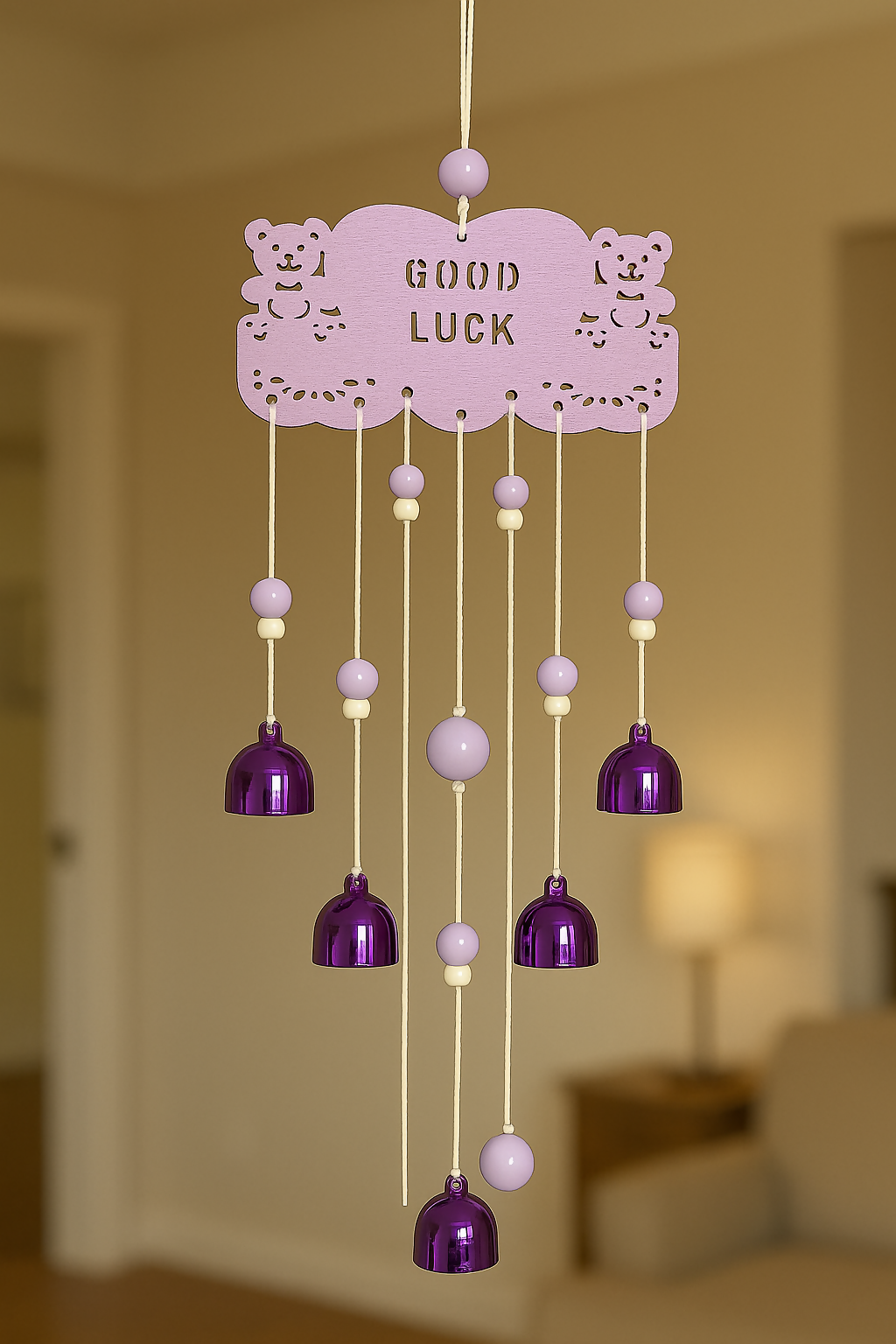 Good Luck Purple Wind Chime with Teddy Bear Design – Decorative Hanging Bell Chime with Beads for Kids Room, Nursery, or Home Décor – Cute Positive Vibes Feng Shui Hanging Ornament