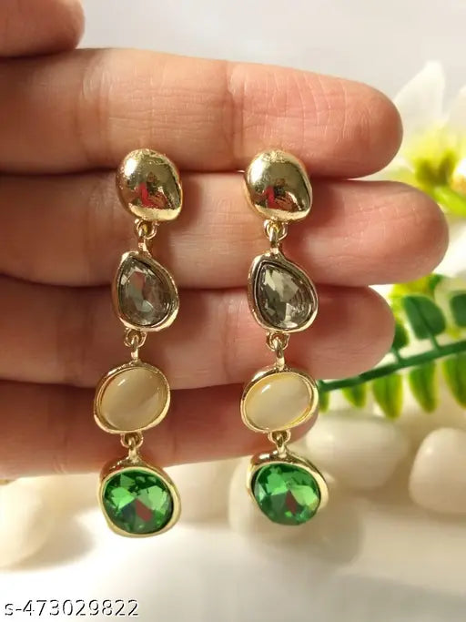Gold Plated Partywear Long Tassel Earrings with Different colour stones