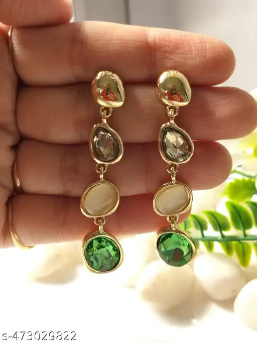 Gold Plated Partywear Long Tassel Earrings with Different colour stones