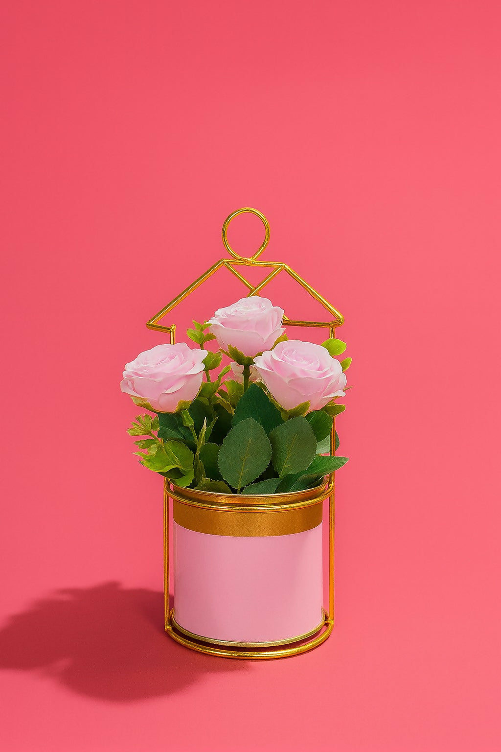Artificial Light Pink Rose Flower Arrangement in Pink & Gold Metal Pot with Geometric Stand – Elegant Decorative Centerpiece for Home, Office, and Gifting