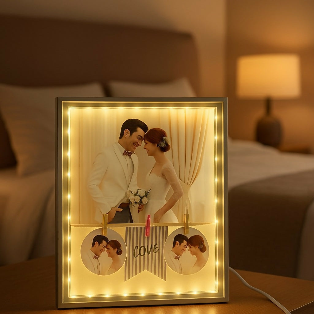 Rectangular LED Photo Frame Lamp with Love Design | Romantic Couple Night Light with Customized Pictures | Wedding Anniversary Valentine Gift Decorative Table Lamp for Bedroom & Home Décor