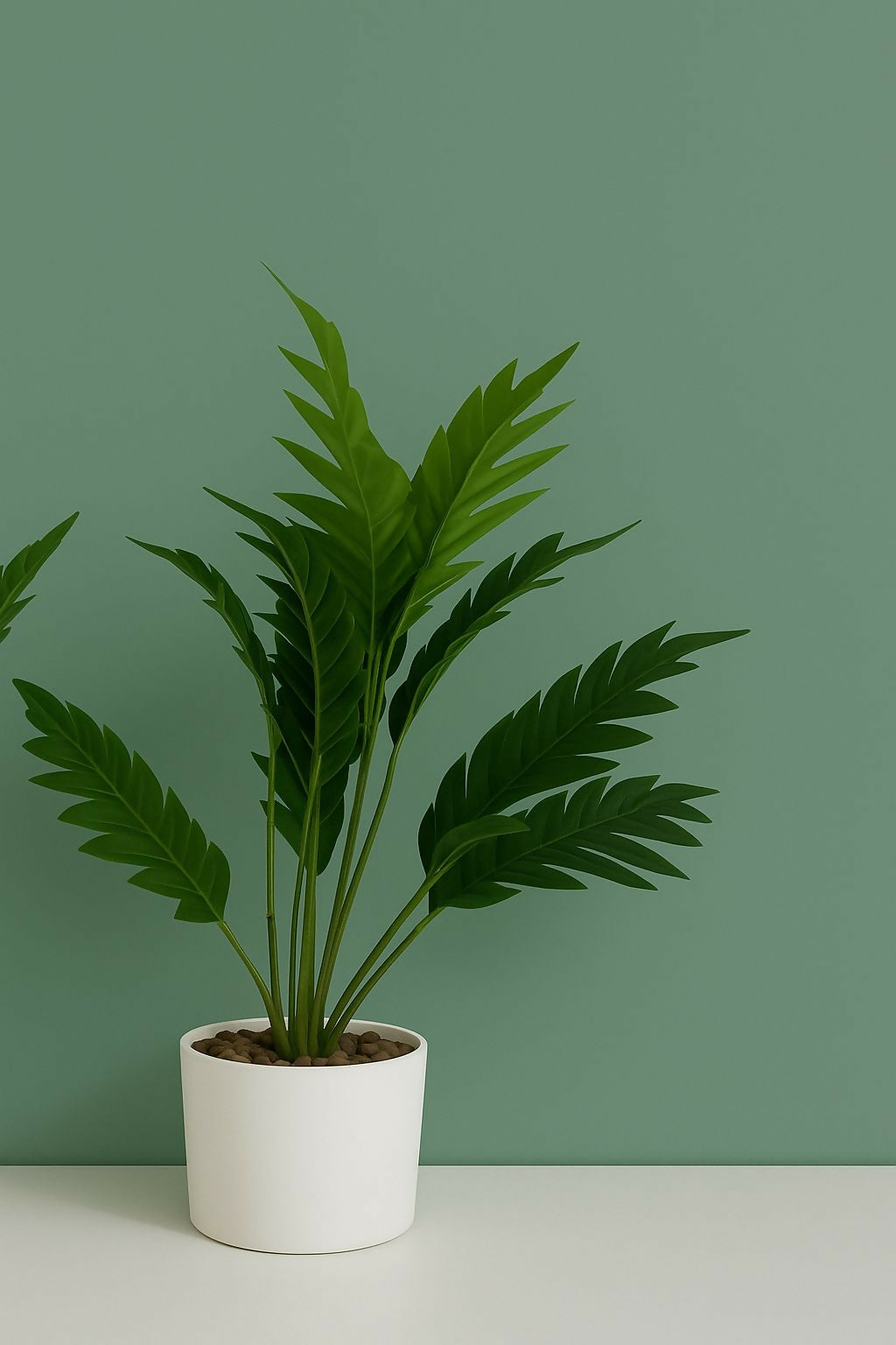 HOME DECOR Artificial Palm Leaf Plant in White Pot – Realistic Green Leafy Faux Plant for Indoor Home, Office, and Tabletop Decor – Modern Decorative Plant for Stylish and Maintenance-Free Interiors