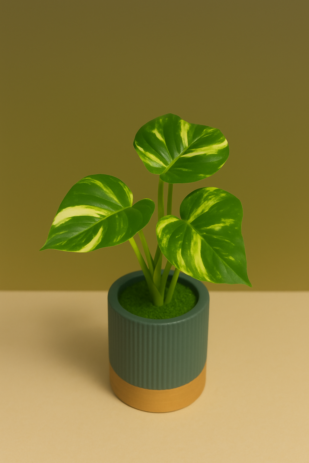 Artificial Monstera Plant in Premium Ribbed Ceramic Pot with Golden Base | Small Faux Indoor Desk Plant for Home, Office, Bedroom & Table Décor