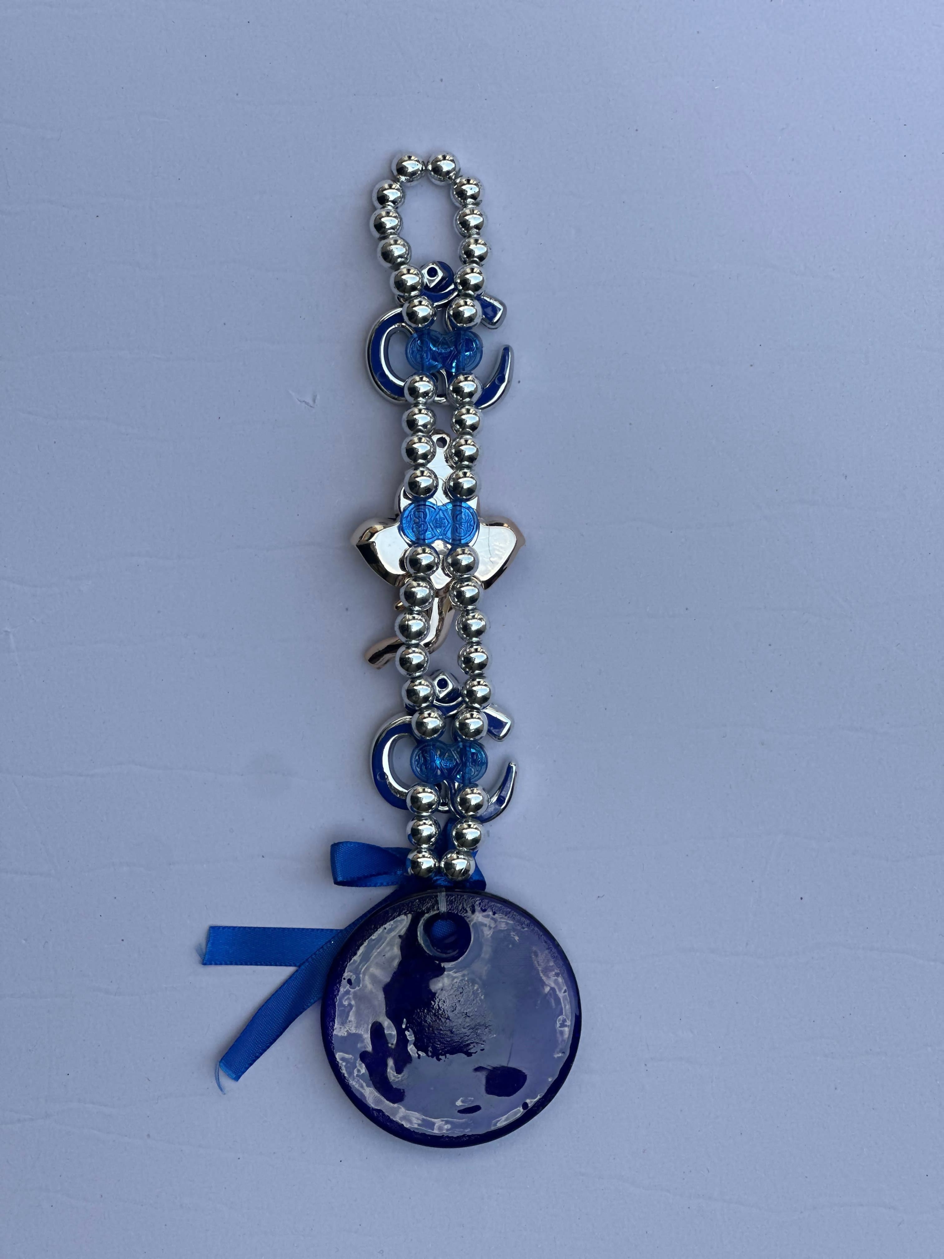 Spiritual Evil Eye Wall Hanging with Om Symbol and Lord Ganesha Design – Blue Nazar Protection Talisman for Home, Office, or Car Decor – Traditional Hindu Good Luck Charm with Bow and Beaded Loop for Positive Vibes and Protection Against Negativity